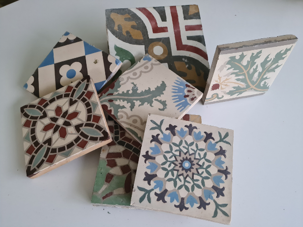 Antique ceramic tiles and cement tiles with different patterns