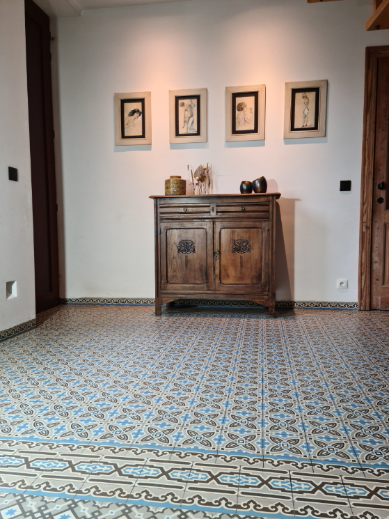 Hallway with reclaimed ceramic patterned tiles