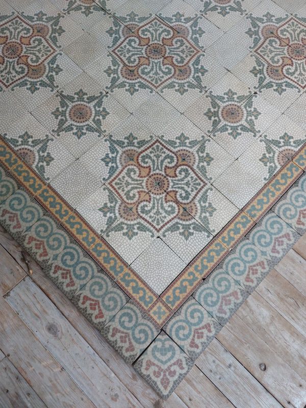 Antique reclaimed encaustic floor with double pattern and matching double border ca 1920