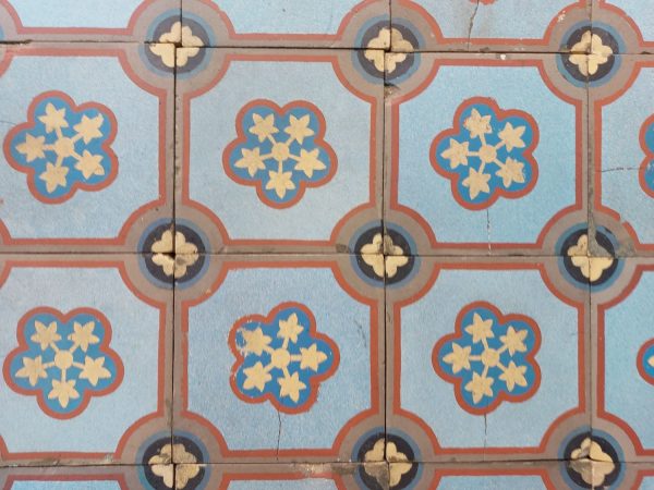 Boch Freres tiles with rich patina and single motif with dominant colors blue and red