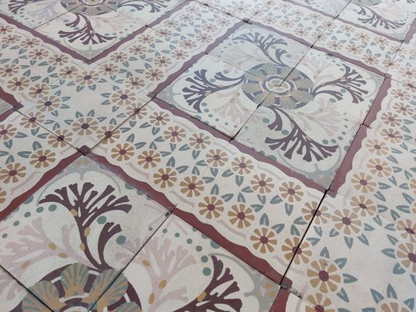 Rare encaustic reclaimed Art-Nouveau floor with in warm soft color palette ca 1910