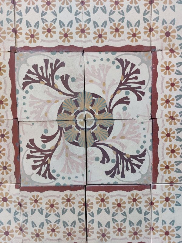 Rare encaustic reclaimed Art-Nouveau floor tiles with a detailed flower pattern