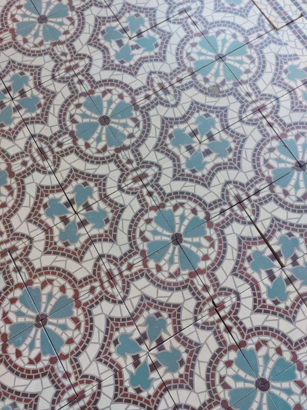 reclaimed mosaic tiles with flower pattern in a cool color palette
