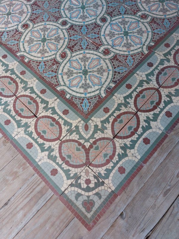 Reclaimed encaustic mosaic floor tiles from the1920’s with matching borders