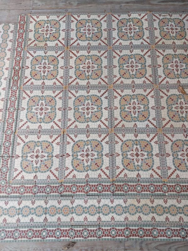 Antique false mosaic floor with original double border and geometric pattern