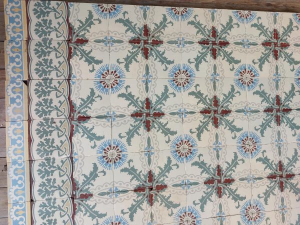 Oude vloertegels in een thema van distels en korenbloemen met een dubbele rij boordtegels